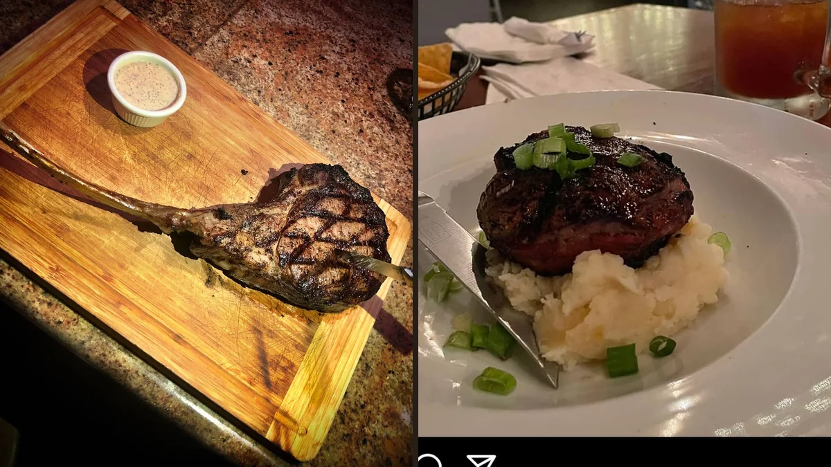 Grilled seafood and steak served side by side.