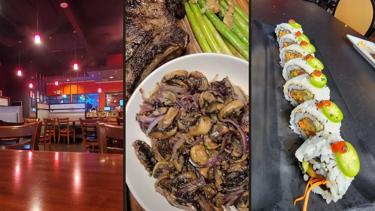 A busy dining room with plated seafood specials.
