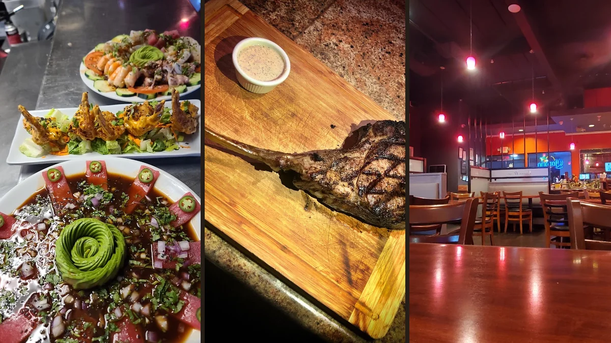 Grilled seafood and steak served side by side.