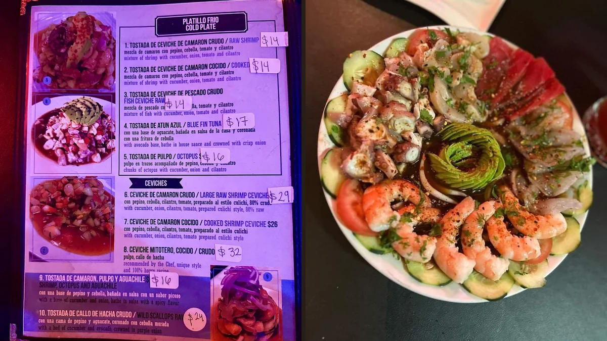 Colorful mariscos dishes on a shared table.