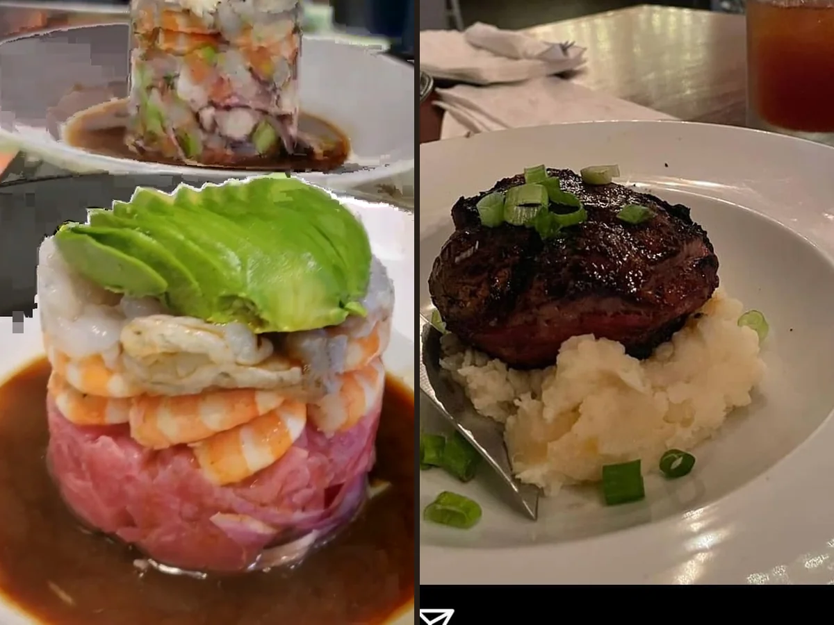 Colorful mariscos dishes on a shared table.